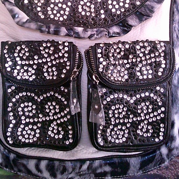 Faux Pebbled Leather Flap Over Beaded Rhinestones Large Purse - Picture 2 of 5